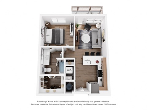 a 1 bedroom floorplan with a bedroom and a living room
